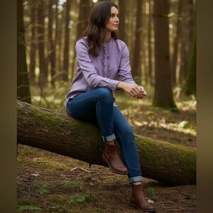 Barbour Lavender Button Down Shirt with Plaid Elbow Detail